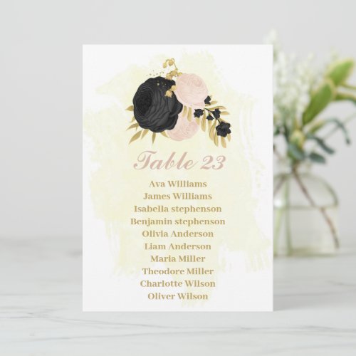 black  pink flowers gold seating chart card