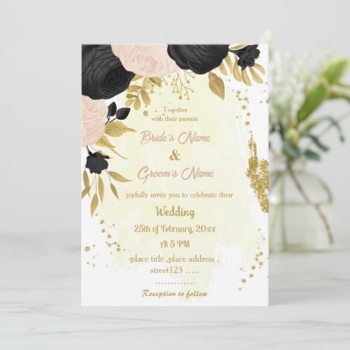 black  pink flowers gold wedding invitation