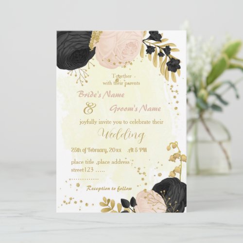 black  pink flowers gold wedding invitation