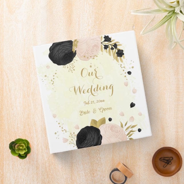 black & pink flowers gold wedding photo album 3 ring binder (In Situ)