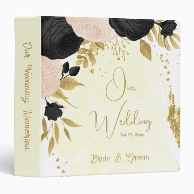 black & pink flowers gold wedding photo album 3 ring binder (Front/Spine)