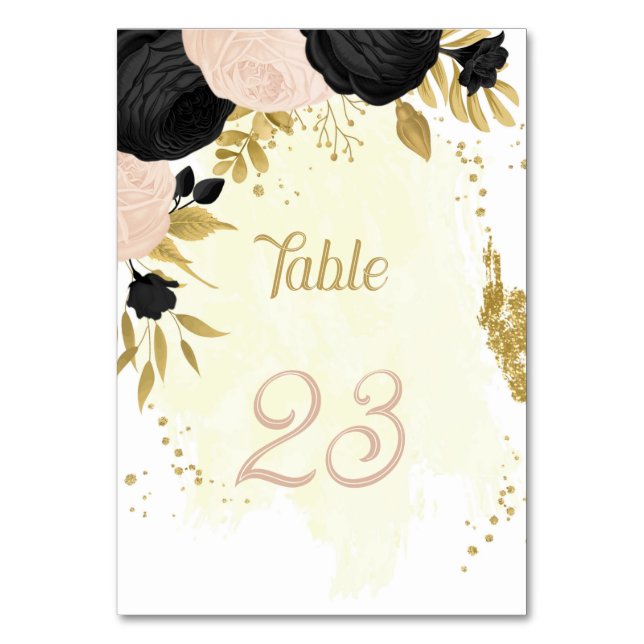 black & pink flowers gold wedding table number (Front)