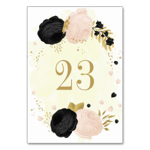 black & pink flowers gold wedding table number