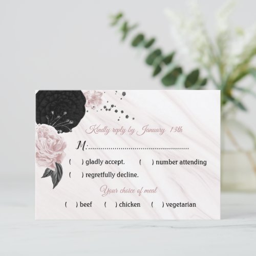 black  pink flowers marble meal choice RSVP card