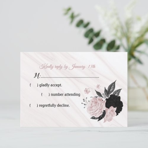  black  pink flowers marble  RSVP card