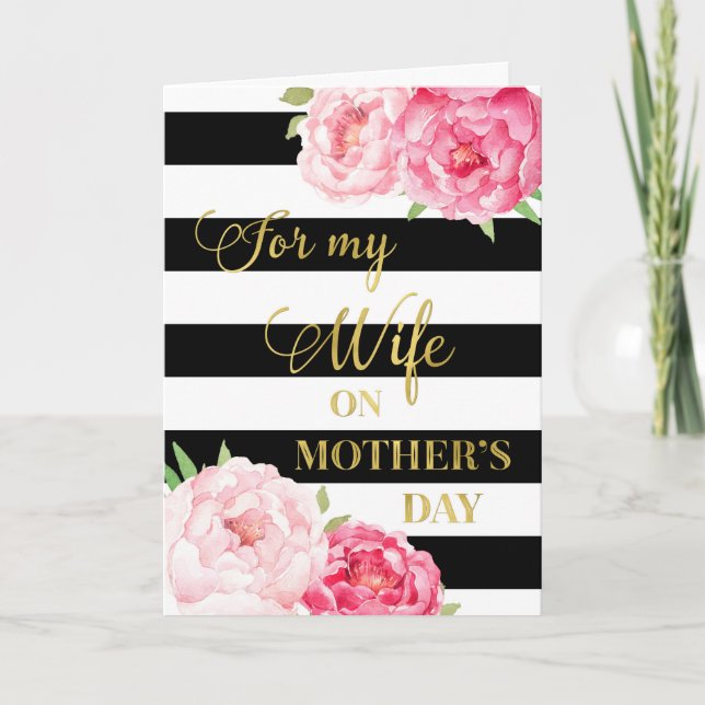 Black Pink Flowers Mother's Day Card for Wife (Front)