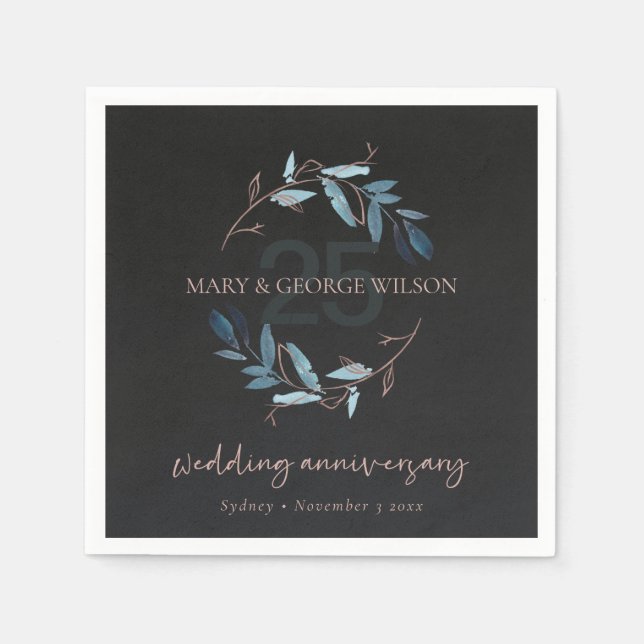 BLACK PINK FOLIAGE WREATH ANY YEAR 25 ANNIVERSARY NAPKINS (Front)