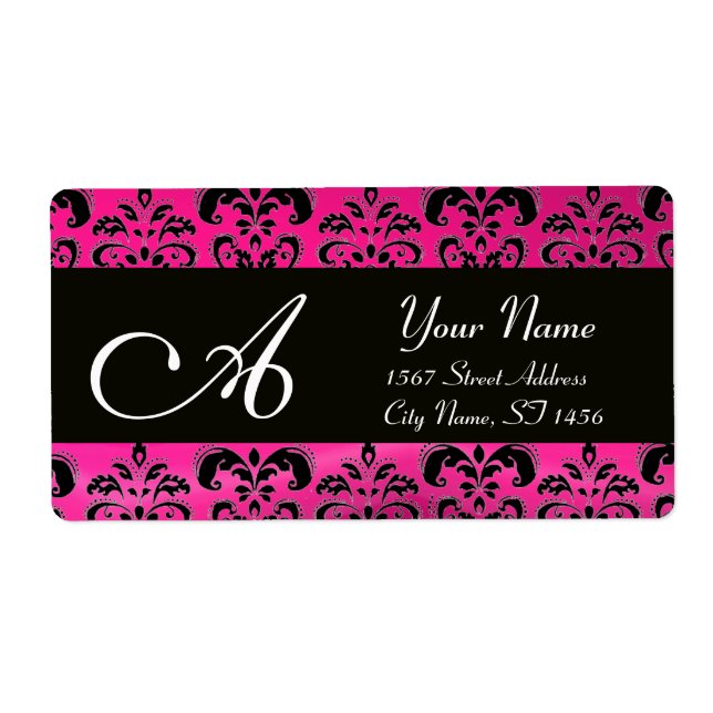 BLACK PINK FUCHSIA  DAMASK ,AMETHYST MONOGRAM LABEL (Front)
