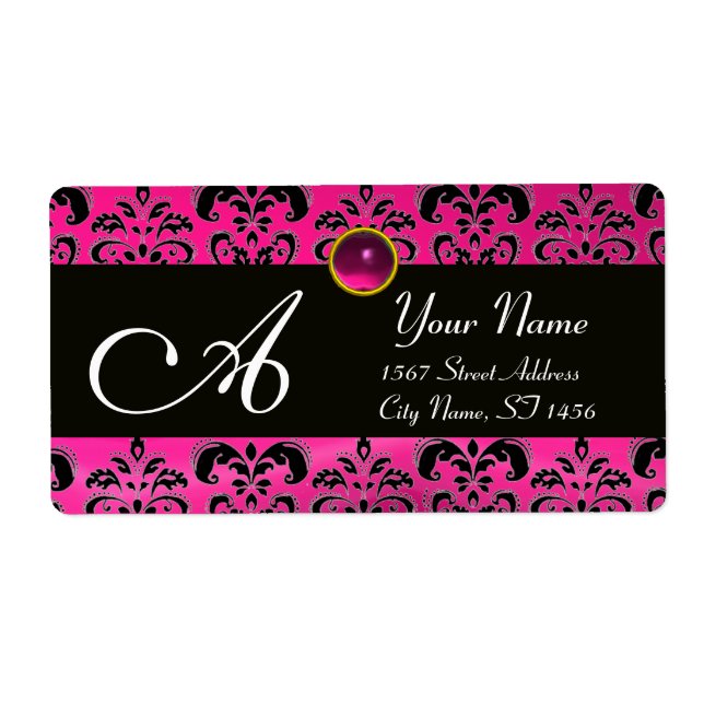 BLACK PINK FUCHSIA  DAMASK ,AMETHYST MONOGRAM LABEL (Front)