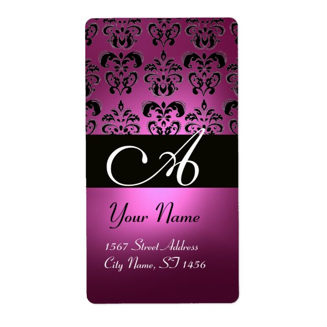 BLACK PINK FUCHSIA PURPLE AMETHYST DAMASK MONOGRAM LABEL (Front)