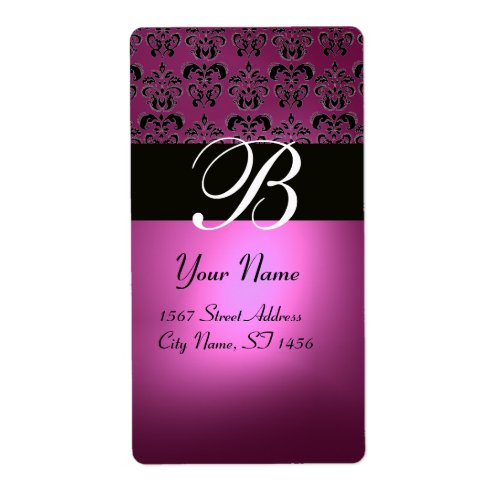 BLACK PINK FUCHSIA PURPLE AMETHYST DAMASK MONOGRAM LABEL