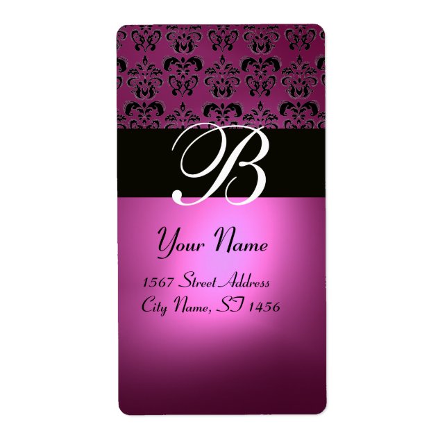 BLACK PINK FUCHSIA PURPLE AMETHYST DAMASK MONOGRAM LABEL (Front)