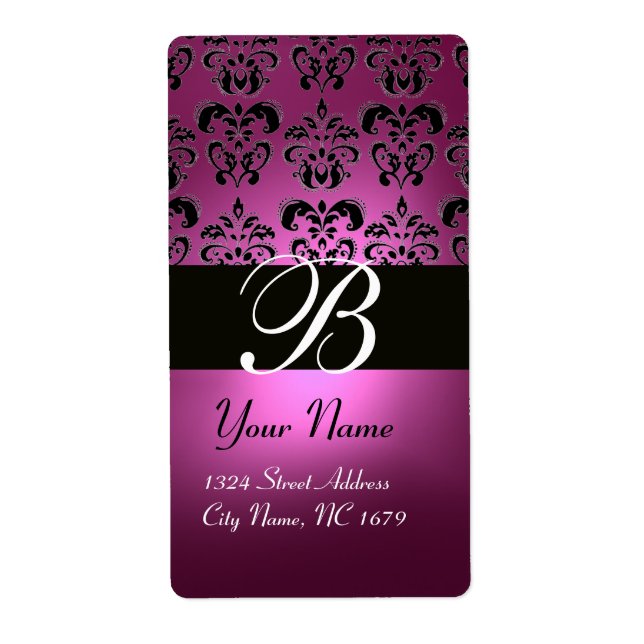 BLACK PINK FUCHSIA PURPLE AMETHYST DAMASK MONOGRAM LABEL (Front)