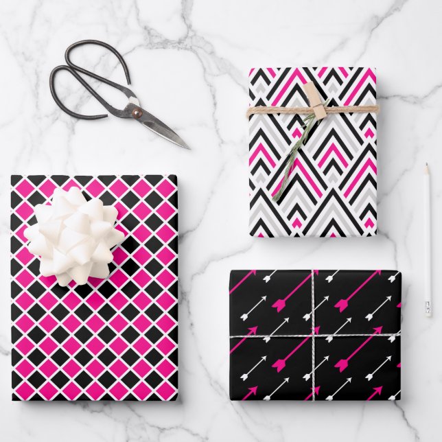 Black Pink Geometry Arrow Diamond Wrapping Paper Sheets (Front)