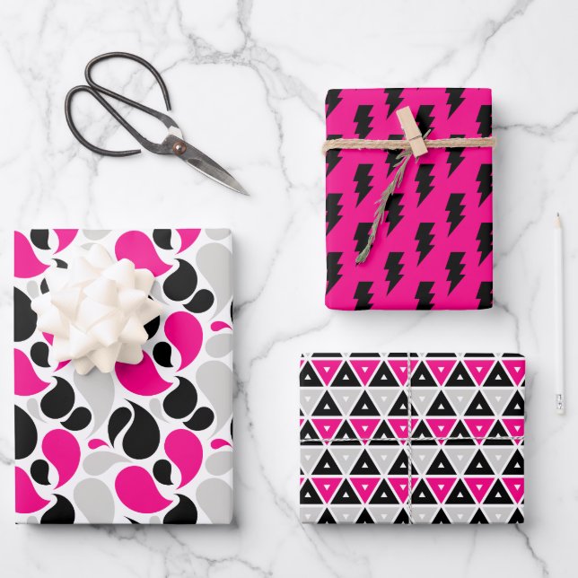 Black Pink Geometry Flash Shape Wrapping Paper Sheets (Front)