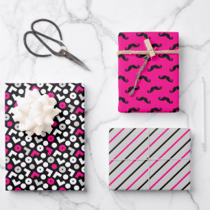 Black Pink Geometry Moustache Stripes Wrapping Paper Sheets