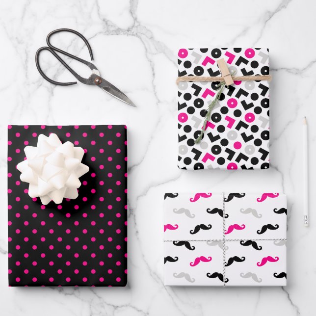 Black Pink Geometry Polka Dots Moustache Wrapping Paper Sheets (Front)
