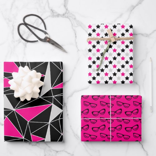 Black Pink Geometry Stars Glasses Wrapping Paper Sheets
