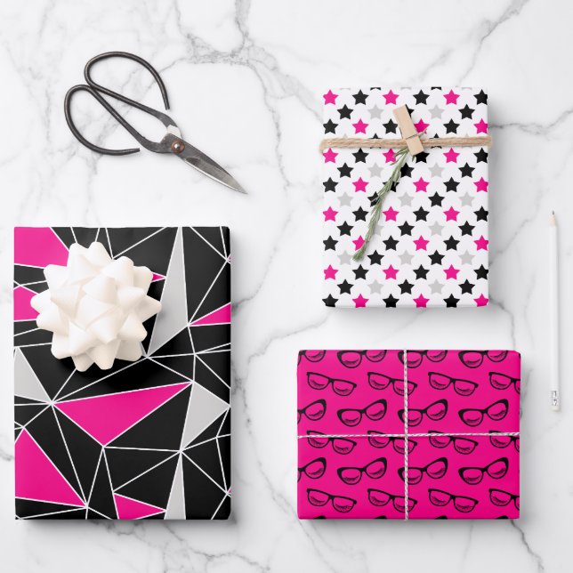 Black Pink Geometry Stars Glasses Wrapping Paper Sheets (Front)