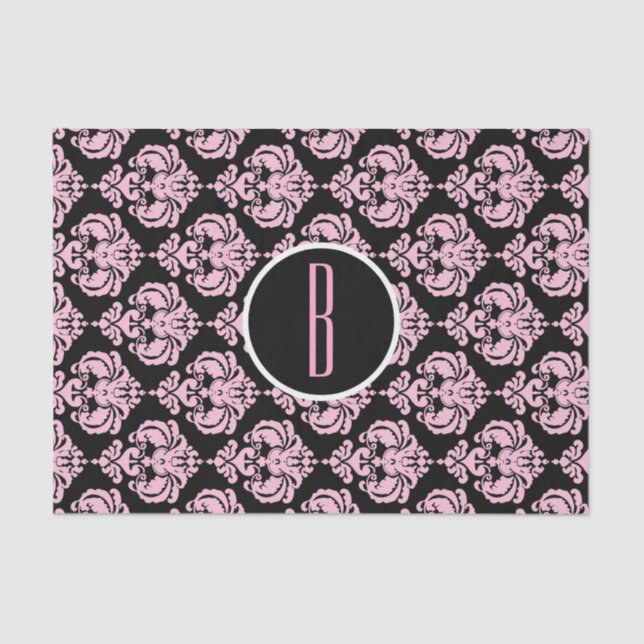 Black & Pink Glam Damask Monogram Letter Initial Tissue Paper (Front)