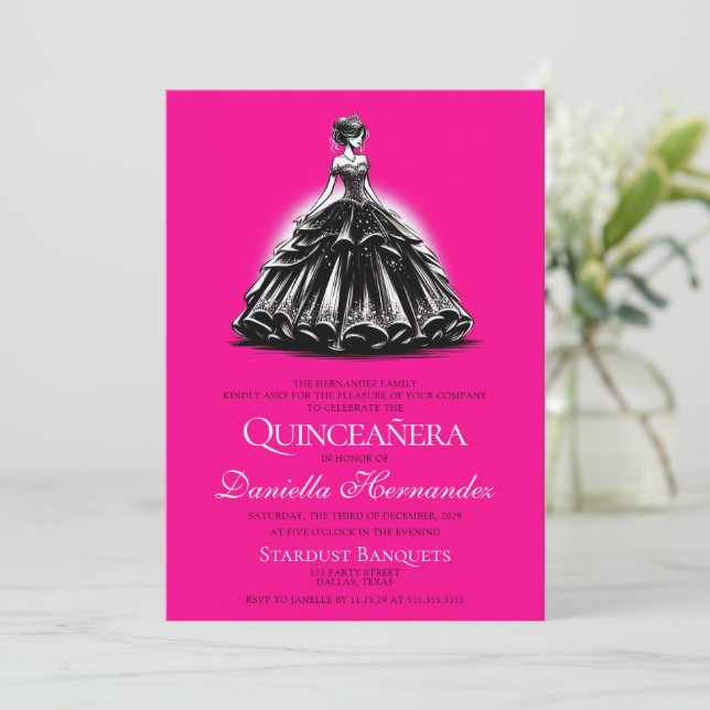Black & Pink Glam Quinceañera Invitation (Standing Front)