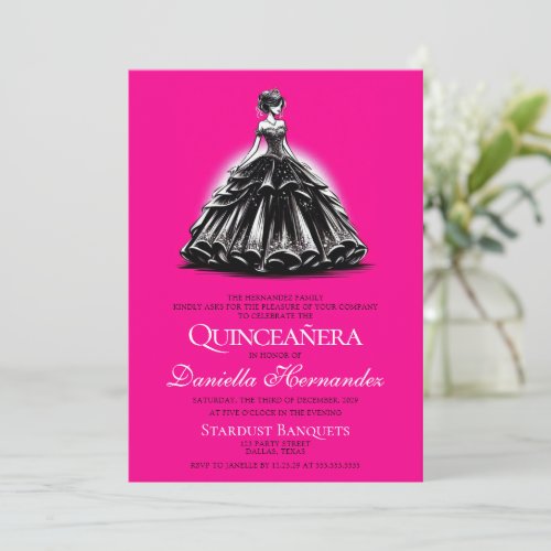 Black  Pink Glam Quinceaera Invitation