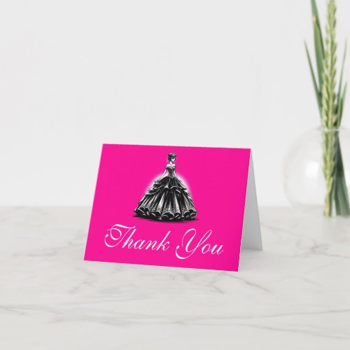 Black  Pink Glam Quinceaera Thank You Card