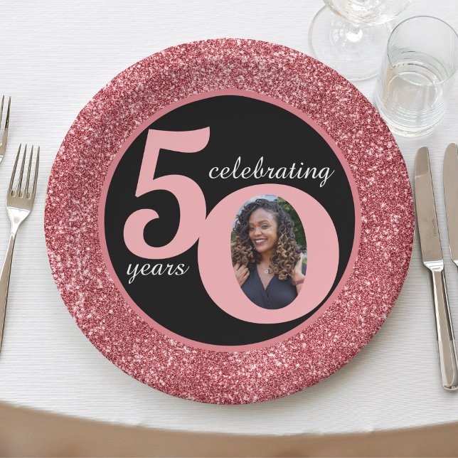 Black & Pink Glitter 50 Fifty Years 50th Birthday Paper Plates (Black & Pink Rose Gold Glitter 50 Fifty Years 50th Birthday Paper Plates)