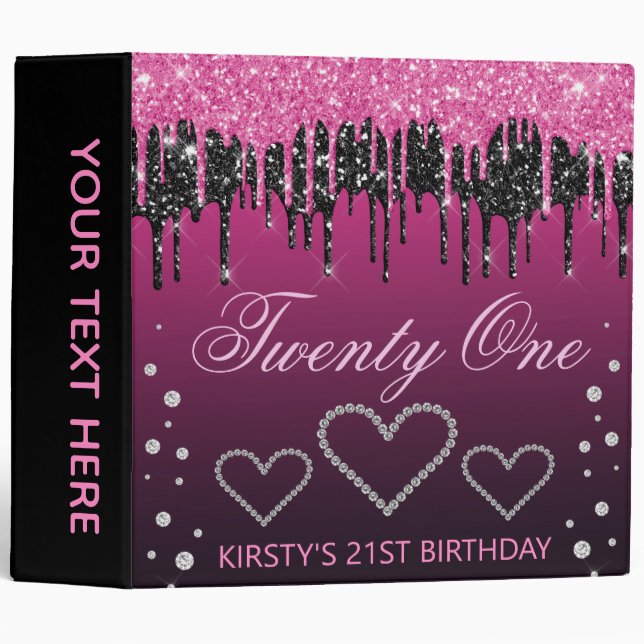 Black & Pink Glitter Birthday Photo Album 3 Ring Binder (Front/Spine)