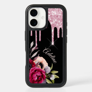Black pink glitter burgundy flowers name iPhone 16 case