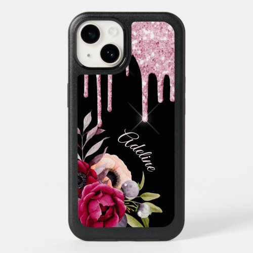 Black pink glitter burgundy flowers name OtterBox iPhone 14 case