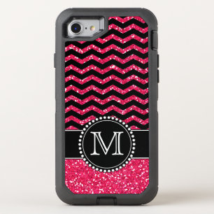 Black & Pink Glitter Chevron Monogrammed Defender OtterBox Defender iPhone SE/8/7 Case