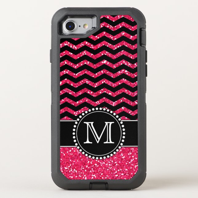 Black & Pink Glitter Chevron Monogrammed Defender Otterbox iPhone Case (Back)
