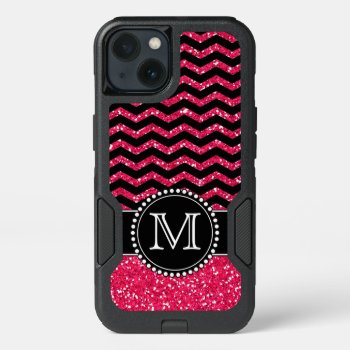 Black & Pink Glitter Chevron Monogrammed Defender Iphone 13 Case by CoolestPhoneCases at Zazzle
