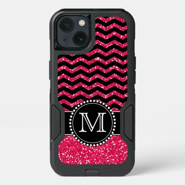 Black & Pink Glitter Chevron Monogrammed Defender Otterbox iPhone Case (Back)