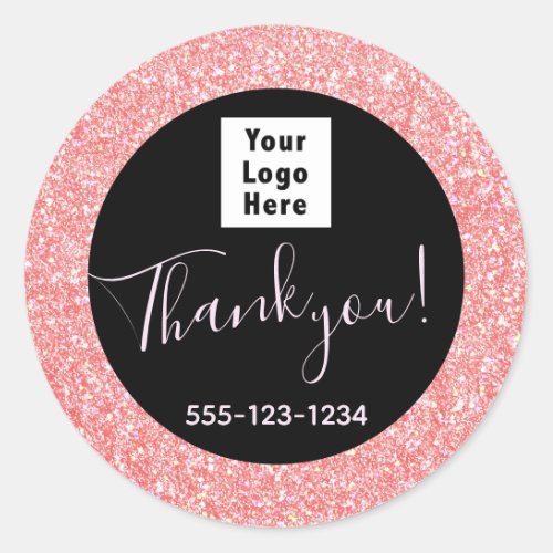 Black Pink Glitter Custom Named Logo Classic Round Sticker