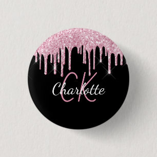 Black pink glitter drips custom monogram name button