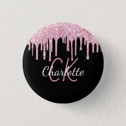Black pink glitter drips custom monogram name button
