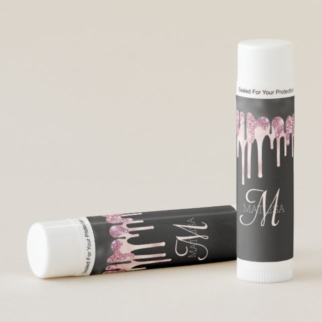 Black Pink Glitter Drips Monogram Dripping  Lip Balm (Front)