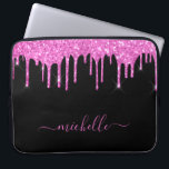 Black pink glitter drips sparkle script laptop sleeve<br><div class="desc">An elegant, girly and glam laptop sleeve. Pink, purple colored colored faux glitter drips. A chic black background. Personalize and add a name, written with a large modern hand lettered style script with swashes. Pink colored letters. To keep the swashes only delete the sample name, leave the spaces or emoji's...</div>