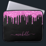 Black pink glitter drips sparkle script laptop sleeve<br><div class="desc">An elegant, girly and glam laptop sleeve. Pink, purple colored colored faux glitter drips. A chic black background. Personalize and add a name, written with a large modern hand lettered style script with swashes. Pink colored letters. To keep the swashes only delete the sample name, leave the spaces or emoji's...</div>