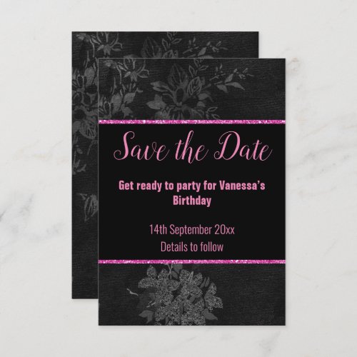 BLACK PINK GLITTER FLORAL SAVE THE DATE  RSVP CARD