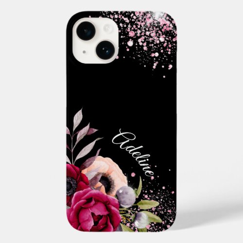 Black pink glitter flowers burgundy monogram Case_Mate iPhone 14 case