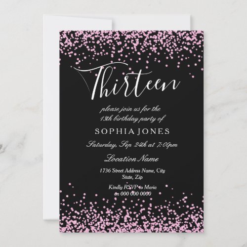 Black Pink Glitter Girls 13th Birthday Party Invitation