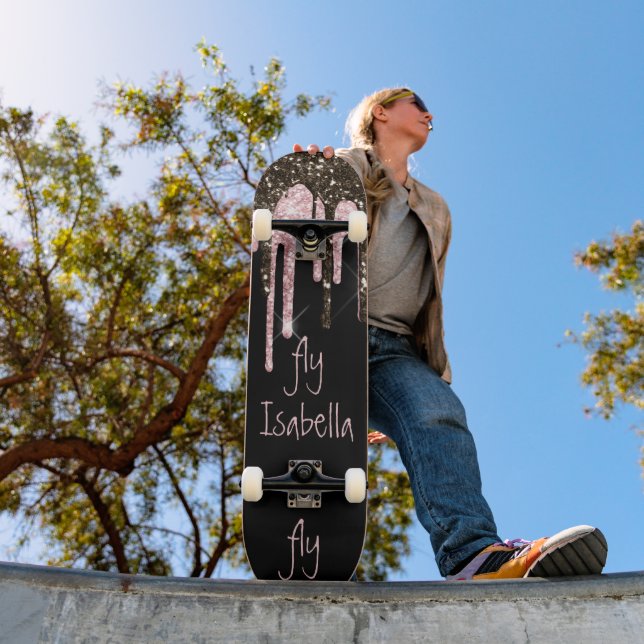 Black Pink Glitter Girly Sparkle Personalized Name Skateboard (Outdoor 1)