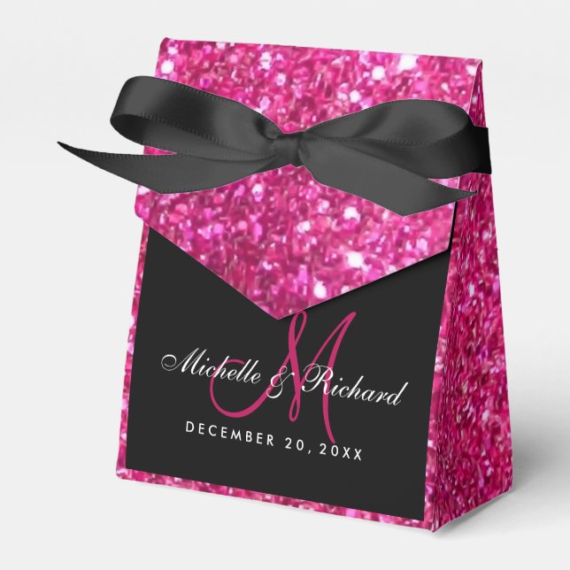 Black Pink Glitter Monogram Wedding Favor Box (Front Side)