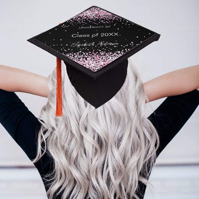 Black pink glitter name school graduation cap topper (Creator Uploaded)