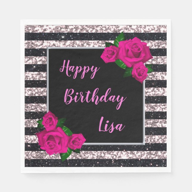 Black Pink Glitter Stripes Pink Roses Birthday Napkins (Front)