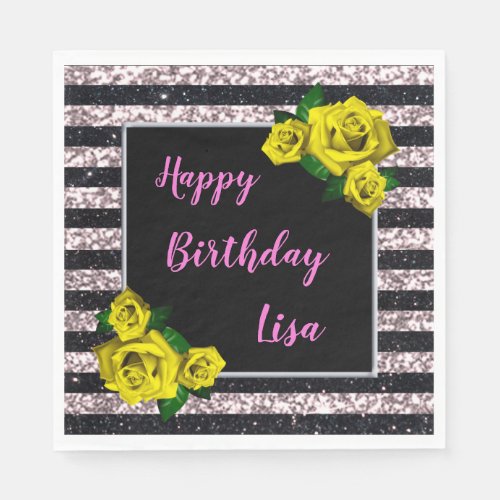 Black Pink Glitter Stripes Yellow Roses Birthday Napkins