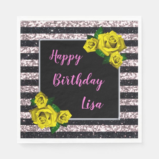 Black Pink Glitter Stripes Yellow Roses Birthday Napkins (Front)
